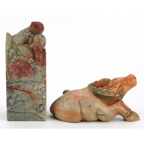 18 - Chinese soapstone carvings including a large square seal carved with two elders, the largest 15cm hi... 