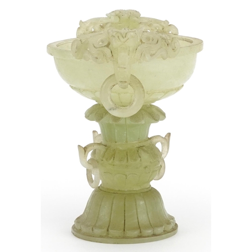 455 - Chinese green hardstone pedestal bowl with carved ring turned dragon's head handles, 17cm high