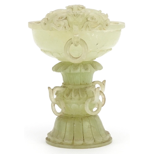 455 - Chinese green hardstone pedestal bowl with carved ring turned dragon's head handles, 17cm high