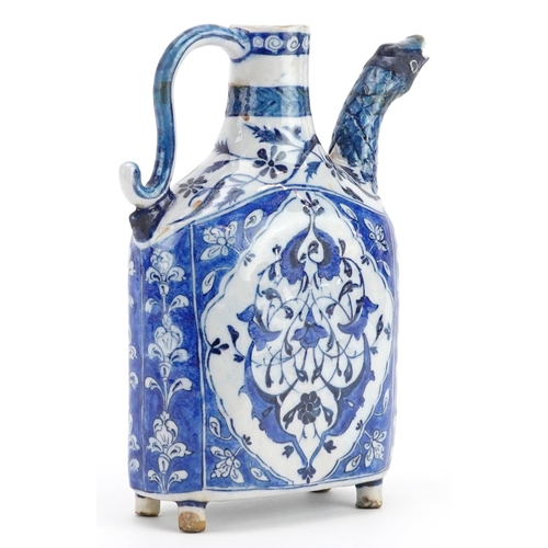 426 - Turkish Iznik porcelain water flask with fish head spout hand painted with flowers, 21cm high