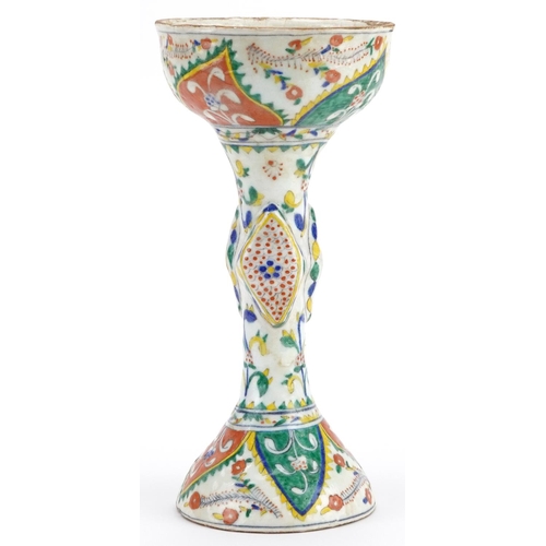 428 - Turkish Ottoman Kutahya porcelain pedestal bowl hand painted with flowers, 25.5cm high