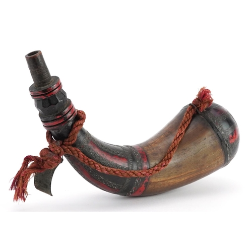 224 - Middle Eastern lacquer and horn powder flask with metal inlay, 29cm in length