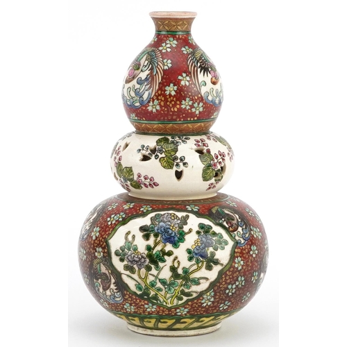 330 - Japanese triple gourd vase with reticulated section hand painted with flowers, four figure character... 