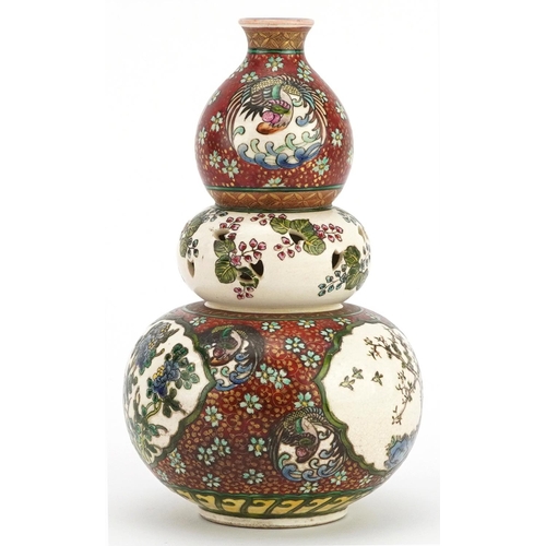 330 - Japanese triple gourd vase with reticulated section hand painted with flowers, four figure character... 