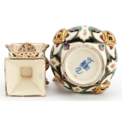 298 - Zsolnay Pecs, Hungarian reticulated handled vessel and reticulated vase, each hand painted with styl... 