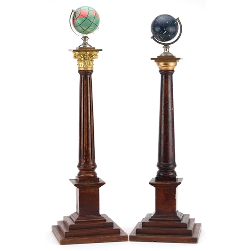 172 - Pair of masonic oak warden's columns with globe terminals comprising Doric and Corinthian, the large... 