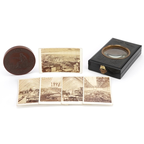 808 - Philadelphia International Exhibition bronze medallion and an ebonised card viewer with five photogr... 