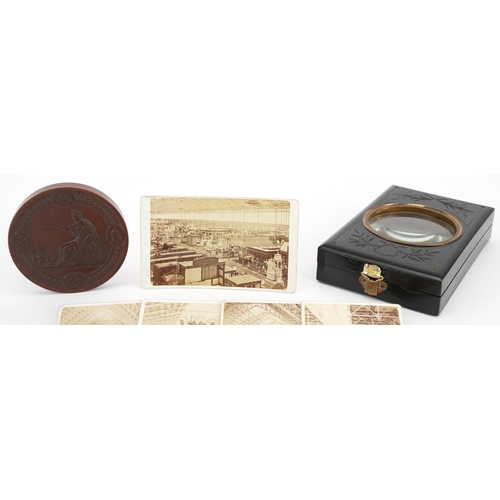 808 - Philadelphia International Exhibition bronze medallion and an ebonised card viewer with five photogr... 