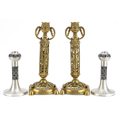 405 - Pair of Victorian brass classical style candlesticks and pair of mid century Finnish examples, the l... 