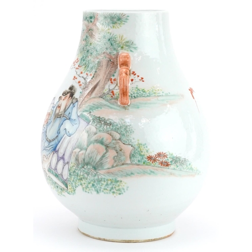 319 - Chinese porcelain Hu arrow vase with twin handles hand painted in the famille rose palette with an e... 