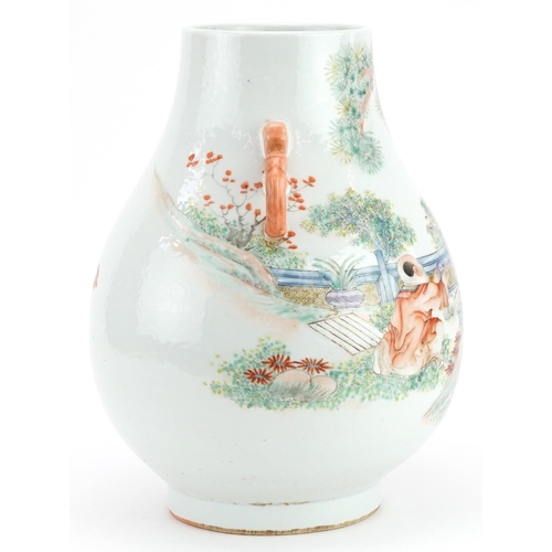 319 - Chinese porcelain Hu arrow vase with twin handles hand painted in the famille rose palette with an e... 