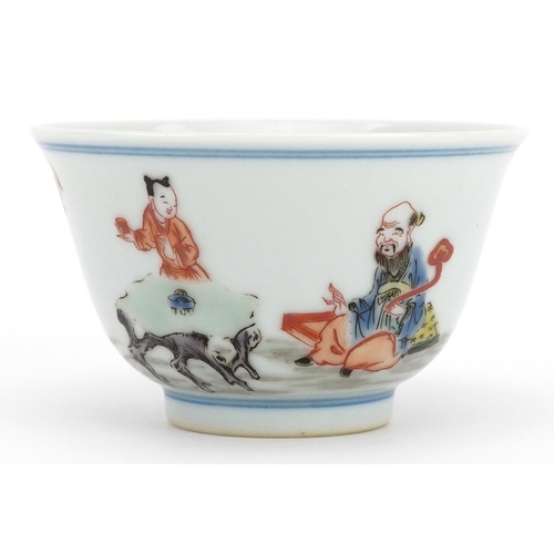 26 - Chinese doucai porcelain tea bowl hand painted in the famille rose palette with an emperor, attendan... 