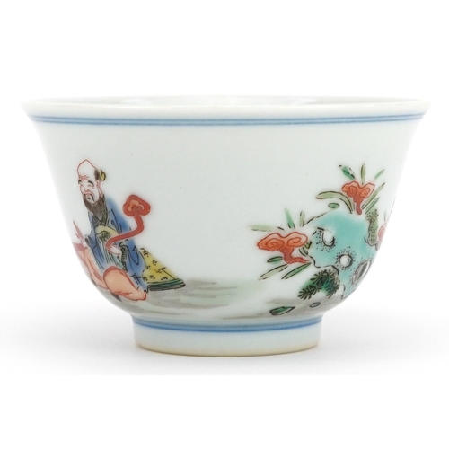 26 - Chinese doucai porcelain tea bowl hand painted in the famille rose palette with an emperor, attendan... 