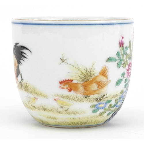 328 - Chinese porcelain tea bowl hand painted with chickens amongst flowers in a landscape, six figure cha... 