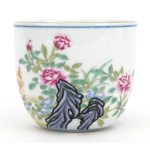 328 - Chinese porcelain tea bowl hand painted with chickens amongst flowers in a landscape, six figure cha... 