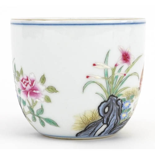 328 - Chinese porcelain tea bowl hand painted with chickens amongst flowers in a landscape, six figure cha... 