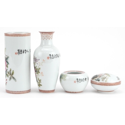 327 - Chinese porcelain five piece scholar's set, each hand painted in the famille rose palette with a cri... 