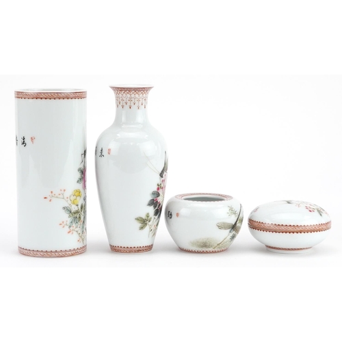 327 - Chinese porcelain five piece scholar's set, each hand painted in the famille rose palette with a cri... 