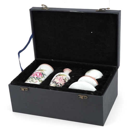 327 - Chinese porcelain five piece scholar's set, each hand painted in the famille rose palette with a cri... 