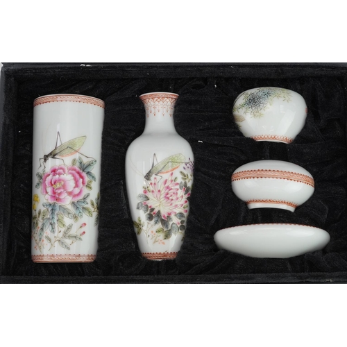 327 - Chinese porcelain five piece scholar's set, each hand painted in the famille rose palette with a cri... 