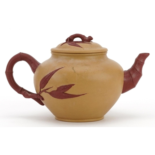 454 - Chinese Yixing terracotta teapot with naturalistic handle and spout, six figure character marks to t... 