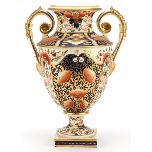 165 - Davenport, early 19th century twin handled vase hand painted in the Imari palette, 29cm high