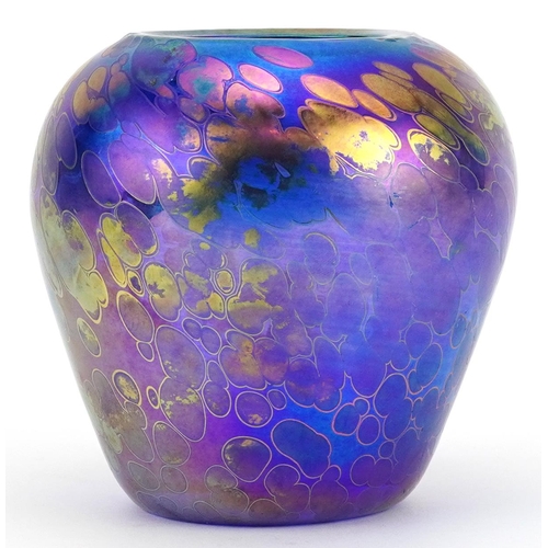 411 - John Ditchfield, Glasform iridescent purple glass vase, etched marks, paper label and numbered 12971... 