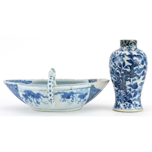 450 - Chinese blue and white porcelain including a baluster vase hand painted with two dragons amongst flo... 