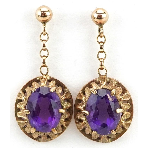 3237 - Pair of 9ct gold amethyst drop earrings, 2.3cm high, 2.2g