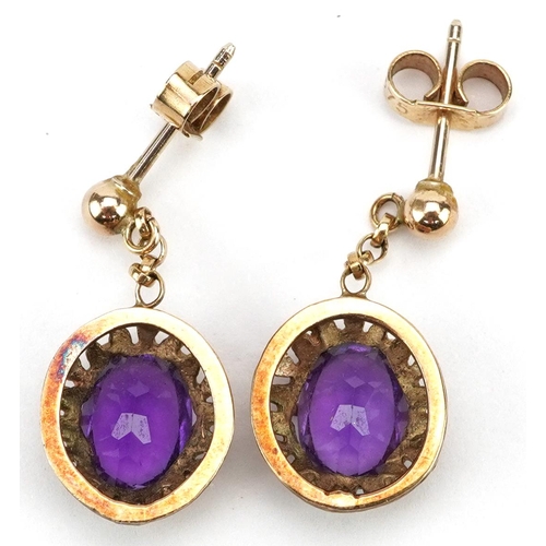 3237 - Pair of 9ct gold amethyst drop earrings, 2.3cm high, 2.2g