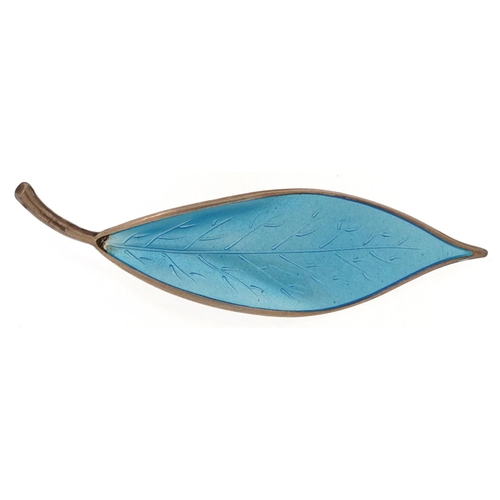 3220 - David Andersen, Norwegian 925S sterling silver and blue enamel leaf brooch, 7cm wide, 8.0g