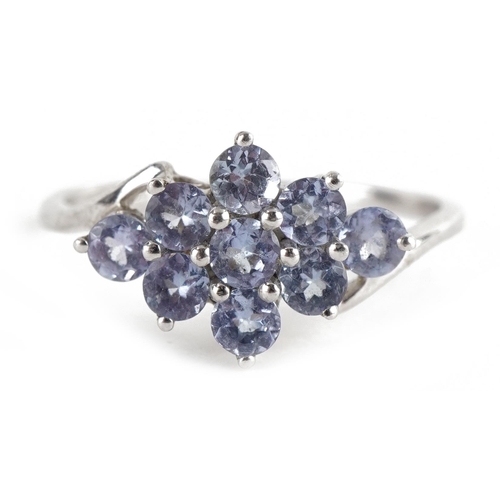 3236 - 9ct white gold purple stone cluster ring, size O, 2.1g