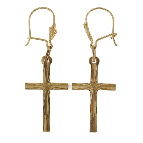 3182 - Pair of 9ct gold cross drop earrings with engraved decoration, 3.7cm high, 1.2g