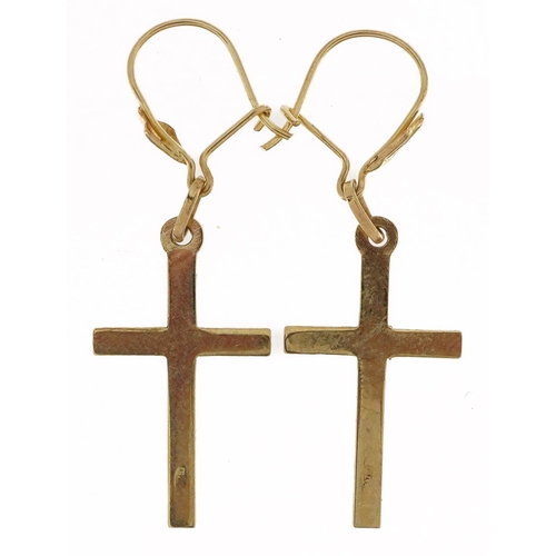 3182 - Pair of 9ct gold cross drop earrings with engraved decoration, 3.7cm high, 1.2g