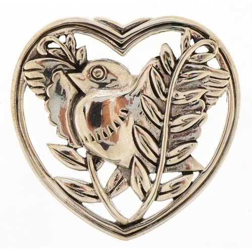 3198 - Sterling silver love heart bird brooch, 3.2cm high, 8.5g
