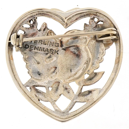 3198 - Sterling silver love heart bird brooch, 3.2cm high, 8.5g