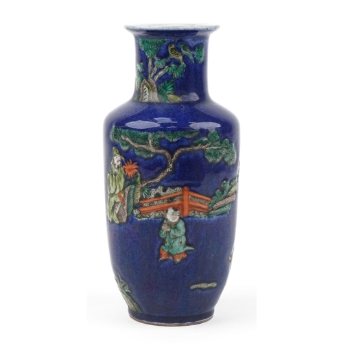 117 - Chinese powder blue ground porcelain Rouleau vase hand painted in the famille verte palette with fig... 