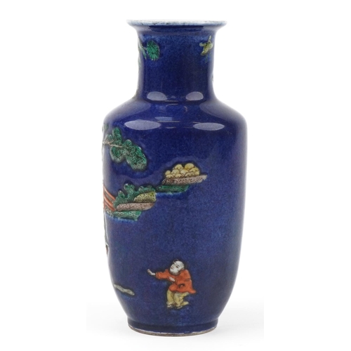 117 - Chinese powder blue ground porcelain Rouleau vase hand painted in the famille verte palette with fig... 