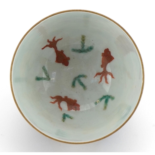 214 - Chinese doucai porcelain tea bowl hand painted with dragons amongst clouds, six figure character mar... 