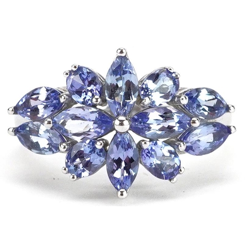 3213 - 9ct white gold tanzanite flower head ring, size O, 3.3