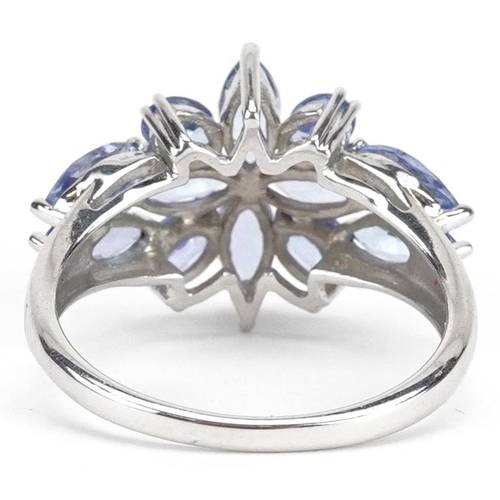 3213 - 9ct white gold tanzanite flower head ring, size O, 3.3