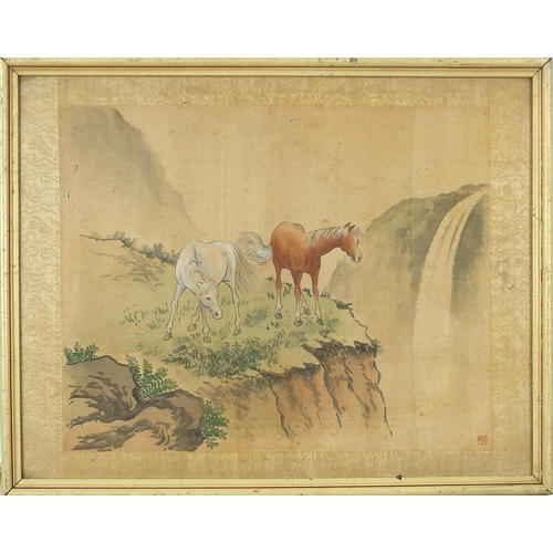 461 - Two horses on a cliff, Chinese watercolour onto silk, red seal mark, mounted, framed and glazed, 37c... 