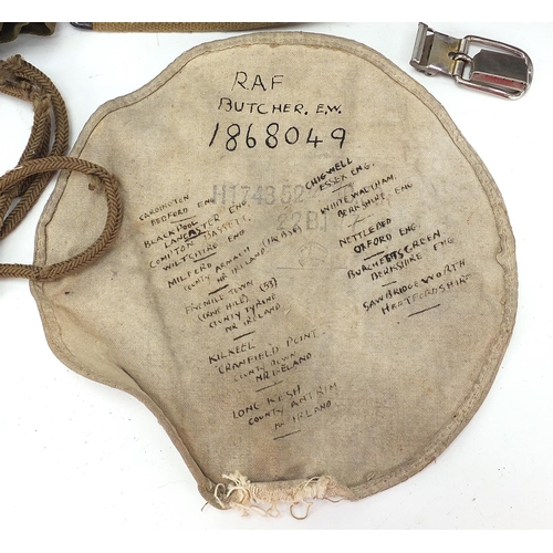 1260 - Militaria interest WW2 RAF kit including canvas belts and cloth rondel with ink inscriptions of visi... 