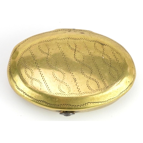 353 - 18th century brass snuff box and cast iron photo frame, the largest 8cm high