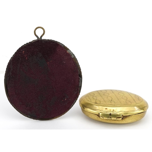 353 - 18th century brass snuff box and cast iron photo frame, the largest 8cm high