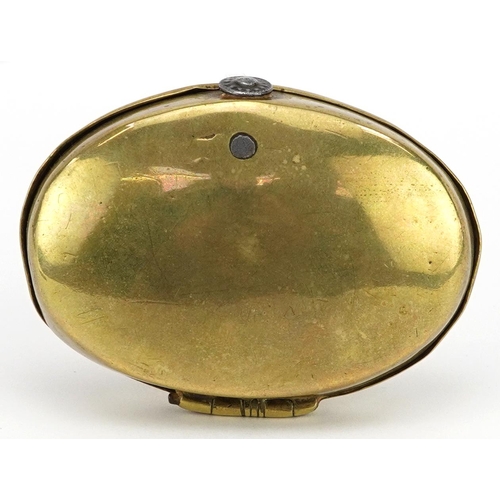 353 - 18th century brass snuff box and cast iron photo frame, the largest 8cm high