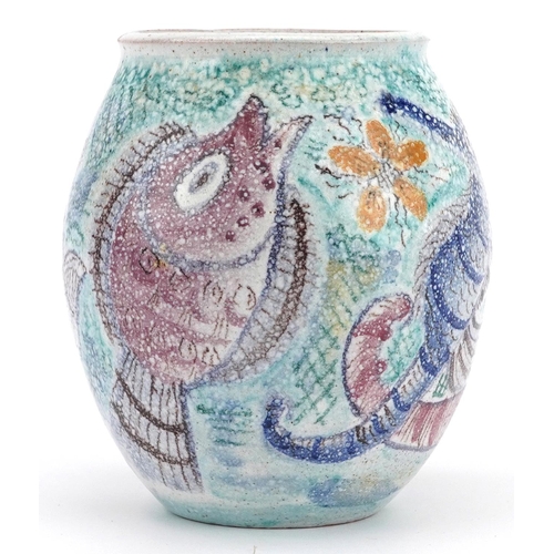 103 - Studio pottery vase hand painted with stylised fish inscribed LDCE to the base, 12.5cm high