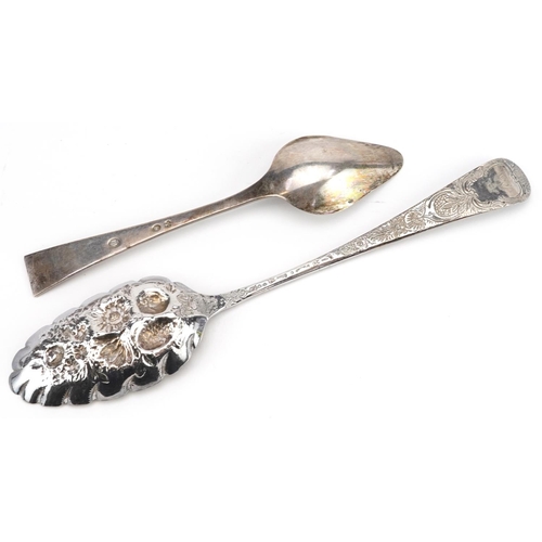 472 - George III silver berry spoon and a Danish silver spoon, the largest 20.5cm in length, total 77.8g