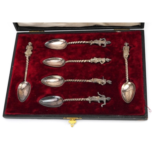 198 - Set of six Burmese unmarked silver spoons with figural terminals housed in a fitted case, each 13.5c... 