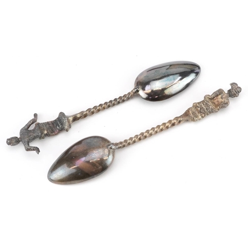 198 - Set of six Burmese unmarked silver spoons with figural terminals housed in a fitted case, each 13.5c... 